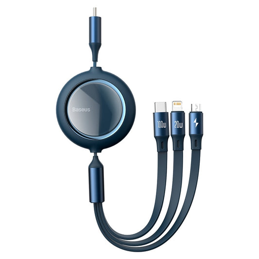 Cable Carga y Datos Retractil 3 en 1 Tipo C a Micro Lighting Usb C 1.2M 100W Azul Baseus Bright Mirror