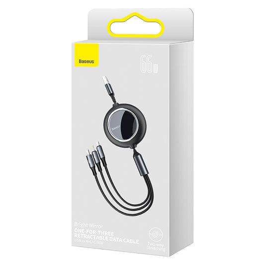 Cable Carga y Datos Retractil 3 en 1 USB A a Micro Lighting Usb C 1.2M 66W Negro Baseus Bright Mirror